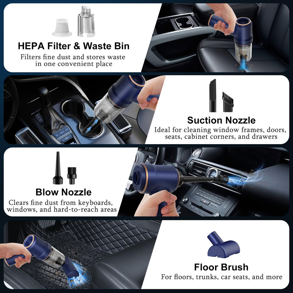 KMM handheld car vacuum includes multiple nozzles for keyboards, sofas, and cars.