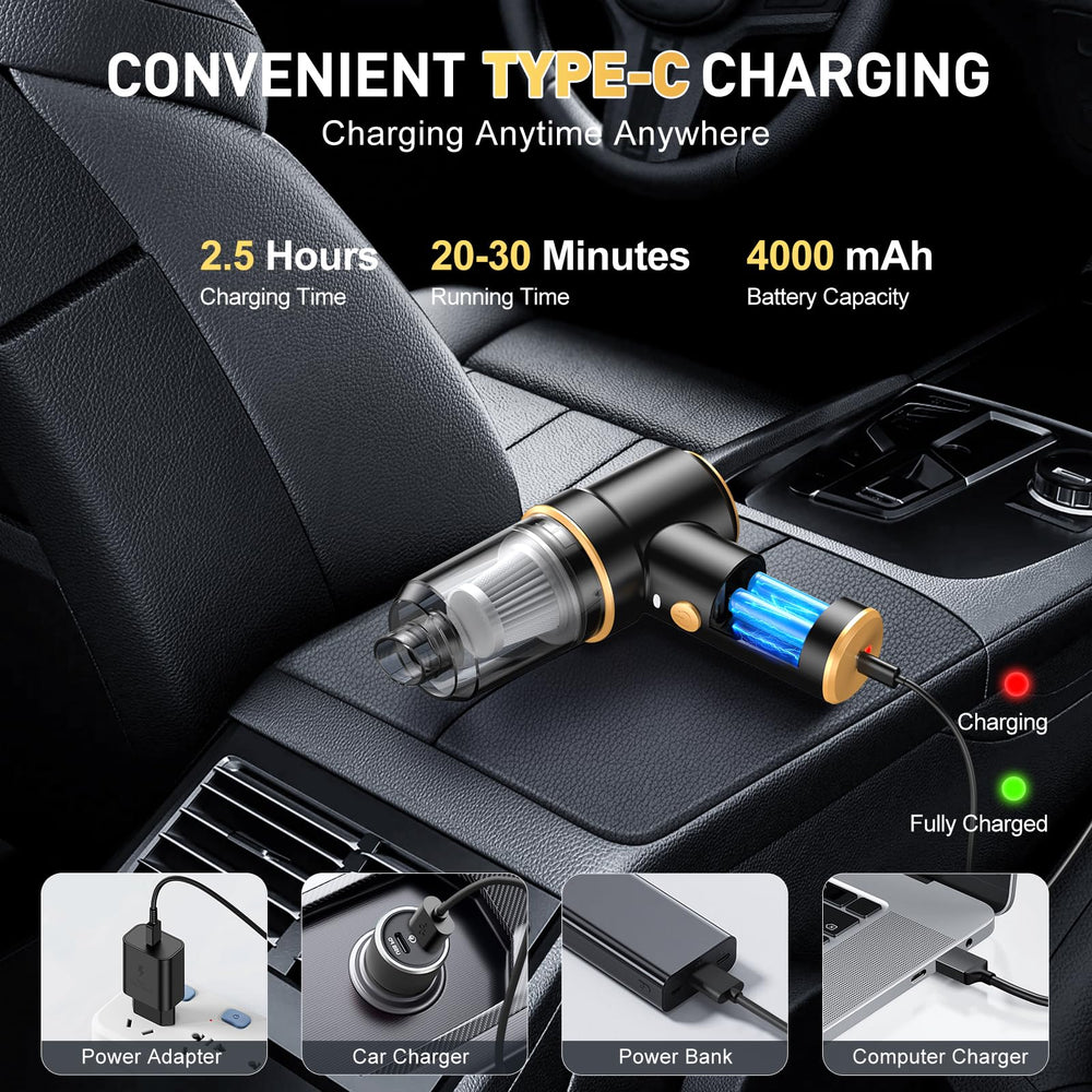 KMM Handheld Vacuum includes multiple nozzles for crevices and upholstery.