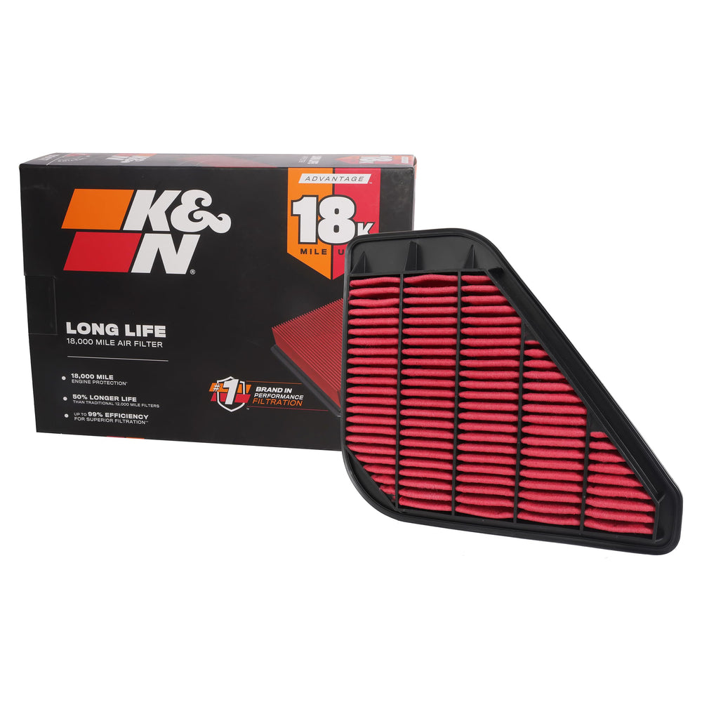 K&N Advantage Plus air filter showing rugged construction and 18k life.