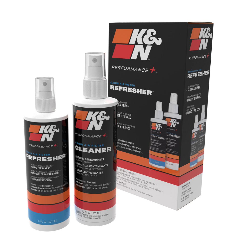 K&N cabin filter cleaning kit bottle pour restores airflow and freshness.