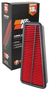 K&N engine air filter close-up showing 18,000-mile life for longer replacement intervals.