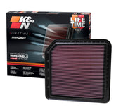 K&N High-Flow air filter close-up showing multi-layer media for filtration.