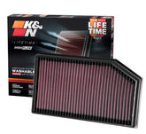 K&N High-Flow air filter close-up showing premium media for improved airflow.