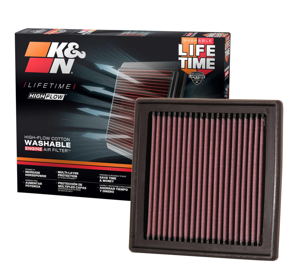 K&N High-Flow air filter installed in engine bay boosts airflow for Infiniti and Nissan