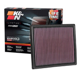 K&N high-flow filter front view shows rugged construction for improved air intake
