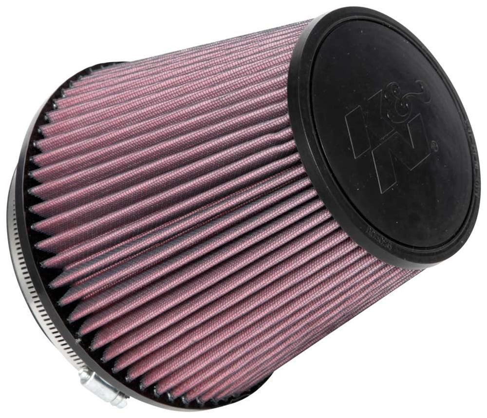 K&N high-flow filter, round tapered close-up, improves airflow with universal clamp-on fit.