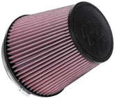 K&N high-flow filter, round tapered close-up, improves airflow with universal clamp-on fit.
