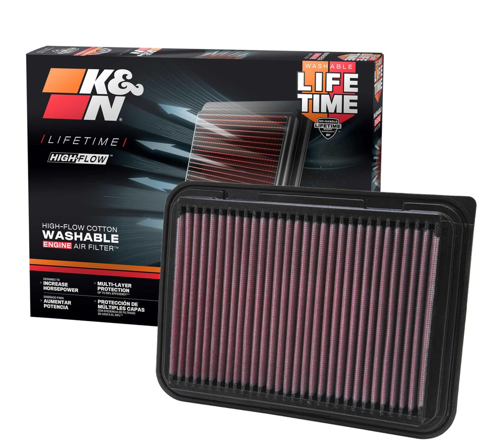 K&N high-flow air filter close-up showing durable media for better airflow.