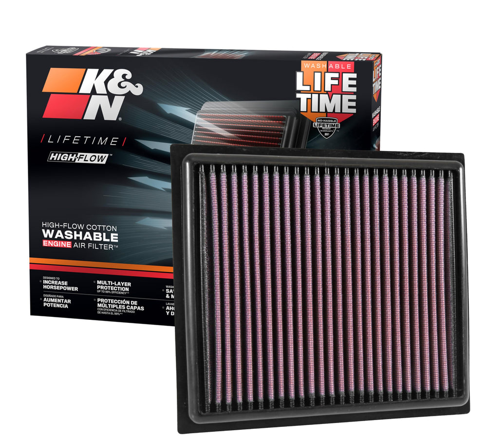 K&N High-Flow air filter front view highlighting premium media for better airflow.