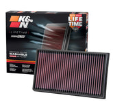 K&N High-Flow filter front view for Audi, highlighting airflow benefits