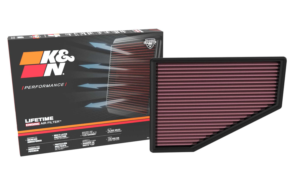 K&N high-flow air filter front view boosts engine airflow for Jeep Grand Cherokee