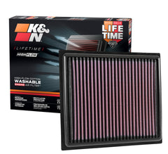 K&N High-Flow air filter front view highlighting premium media for better airflow.