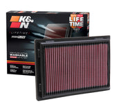 K&N high-flow filter close-up showing multi-layer cotton gauze for improved airflow.