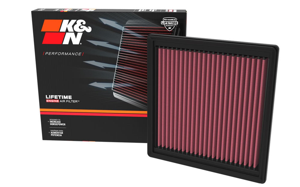 K&N high-flow air filter installed in engine bay for easy installation.
