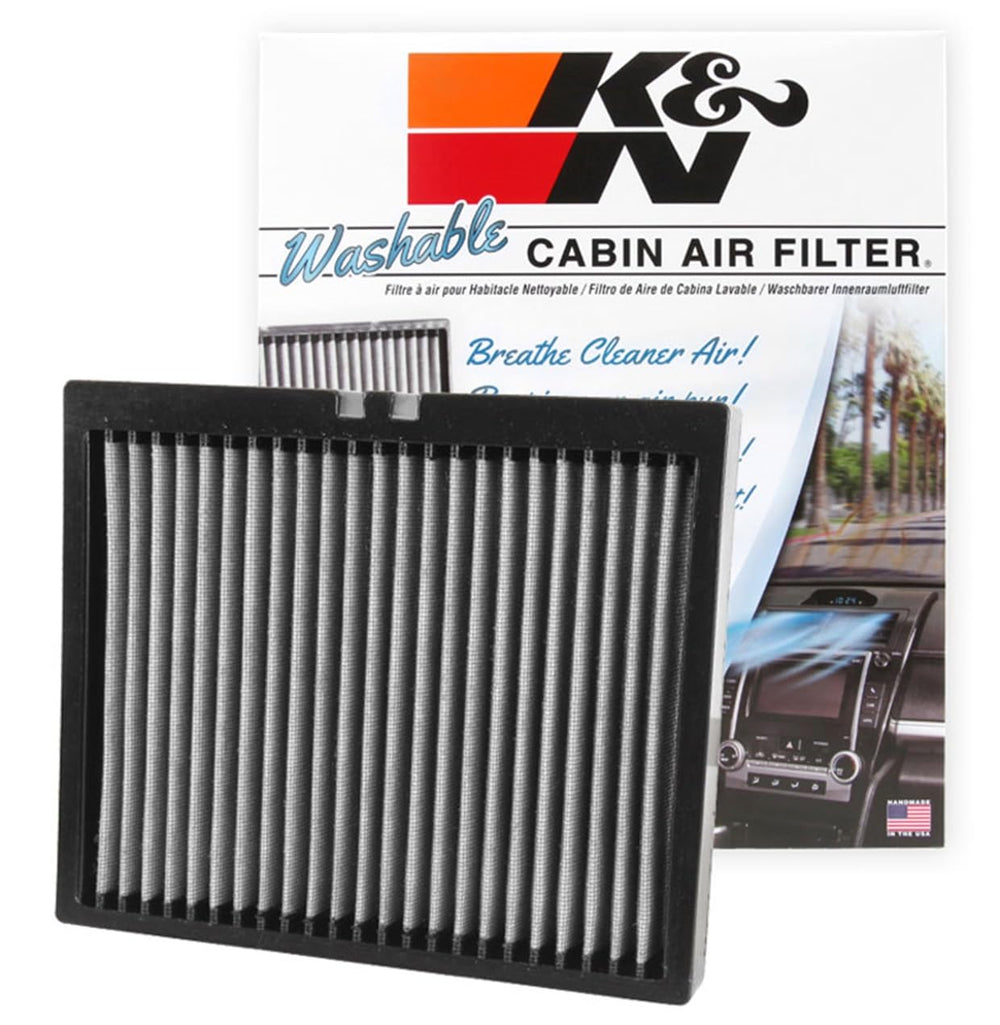 K&N Lifetime cabin air filter ready to install, improving cabin air flow and filtration.