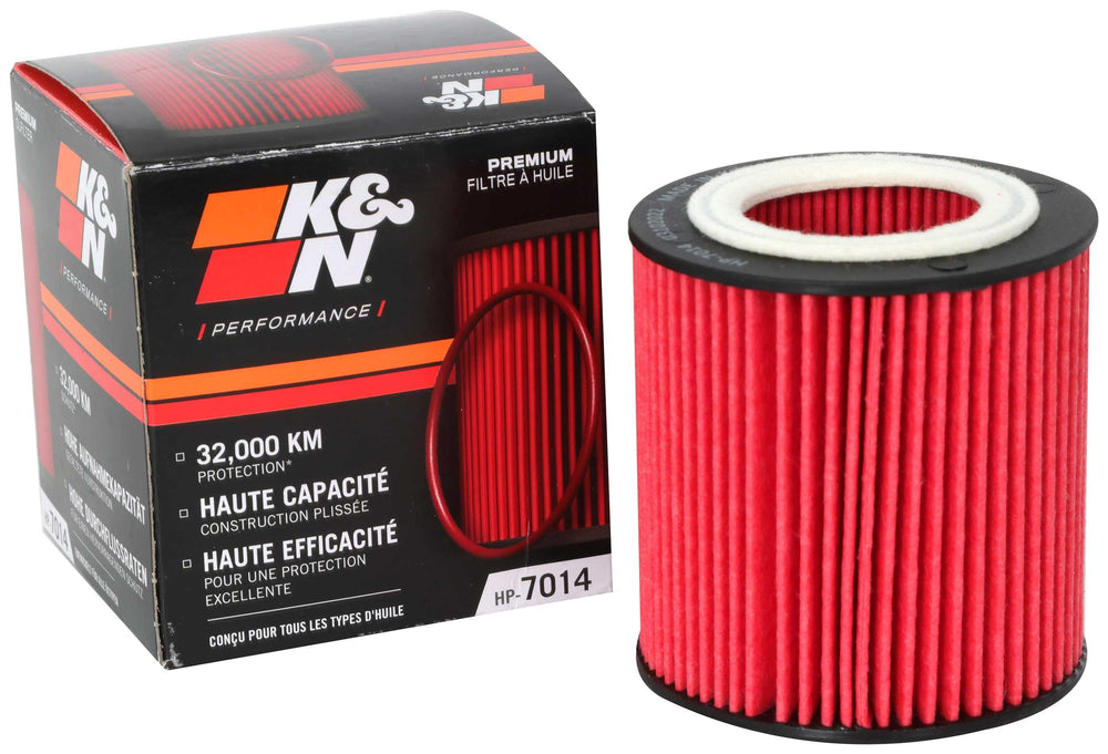 K&N Premium Oil Filter packaging highlights BMW compatibility and high-capacity protection.