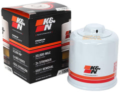K&N premium oil filter close-up showing the wrench-off nut for quick removal.