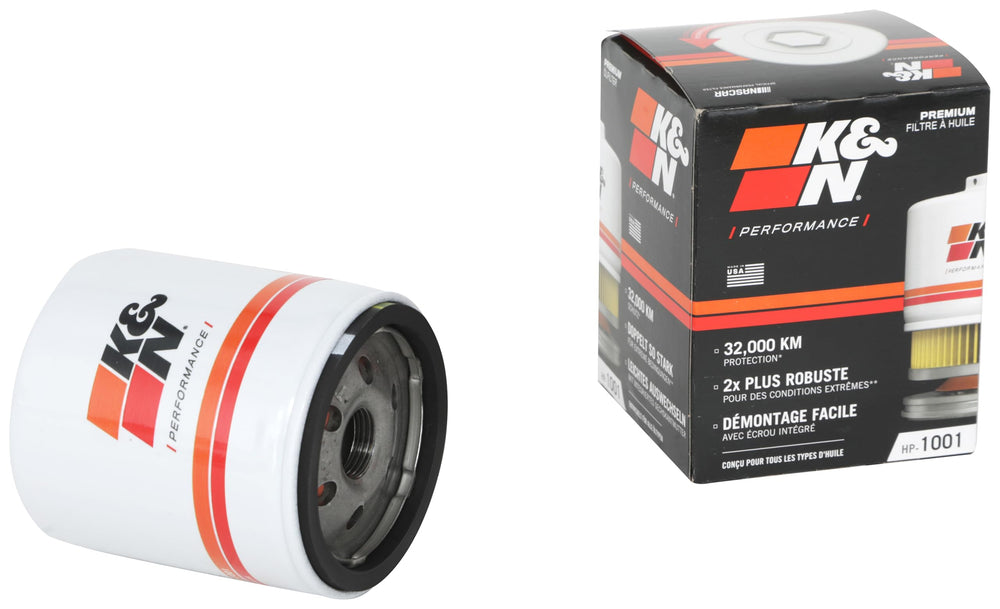 K&N premium oil filter with wrench-off nut for quick removal.