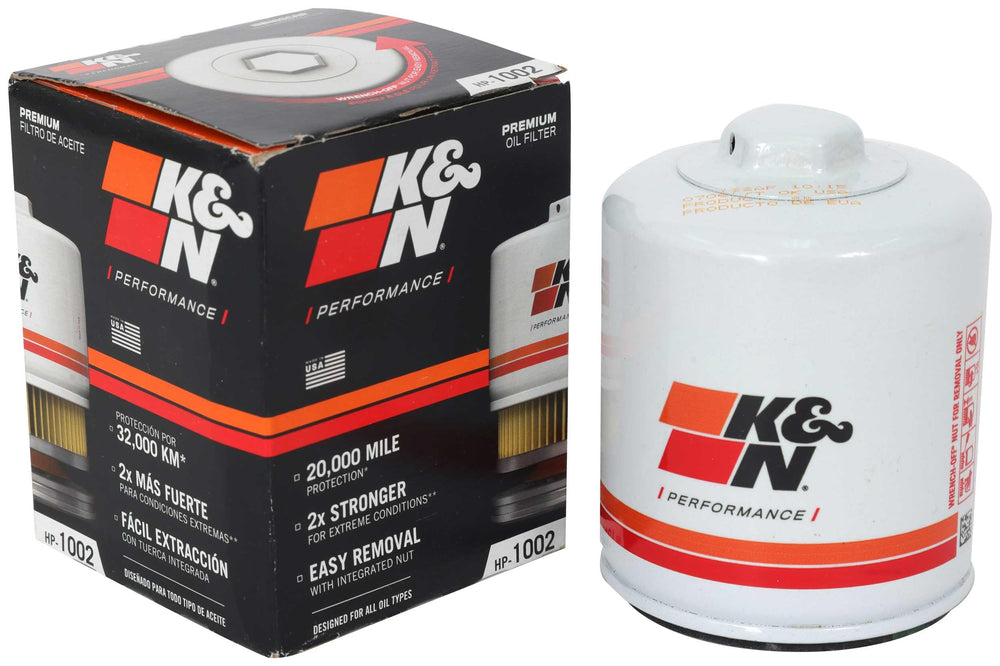 K&N Premium oil filter with wrench-off nut for quick removal during service.