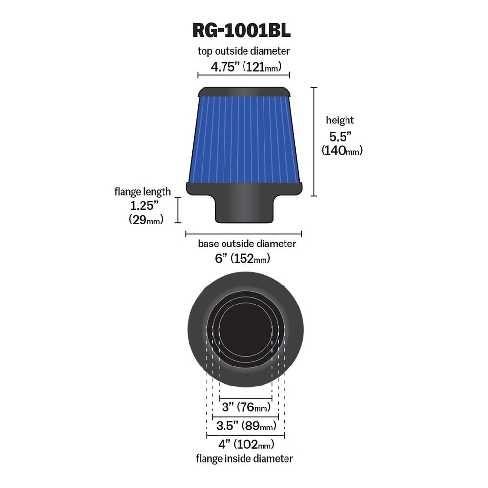 K&N round tapered design supports efficient airflow for potential performance gains.