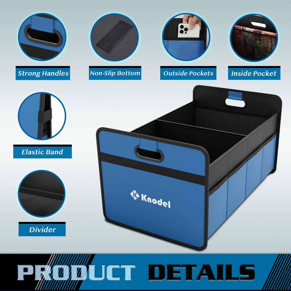 K KNODEL trunk organizer expanded with compartments, blue fabric keeps items visible.