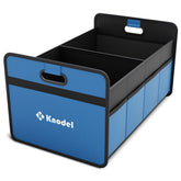 K KNODEL car trunk organizer folded in blue, easy to store when not in use.