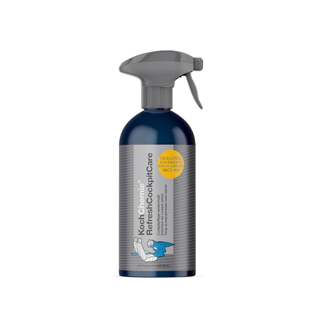 KOCHCHEMIE Refresh Cockpit Care spray bottle demonstrates interior plastic cleaning and UV protection benefits.