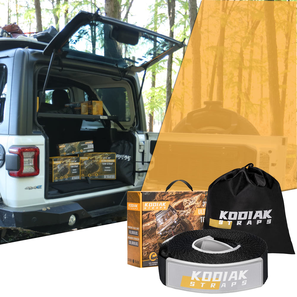Kodiak Straps tow strap with 30k lb capacity for heavy vehicle towing.