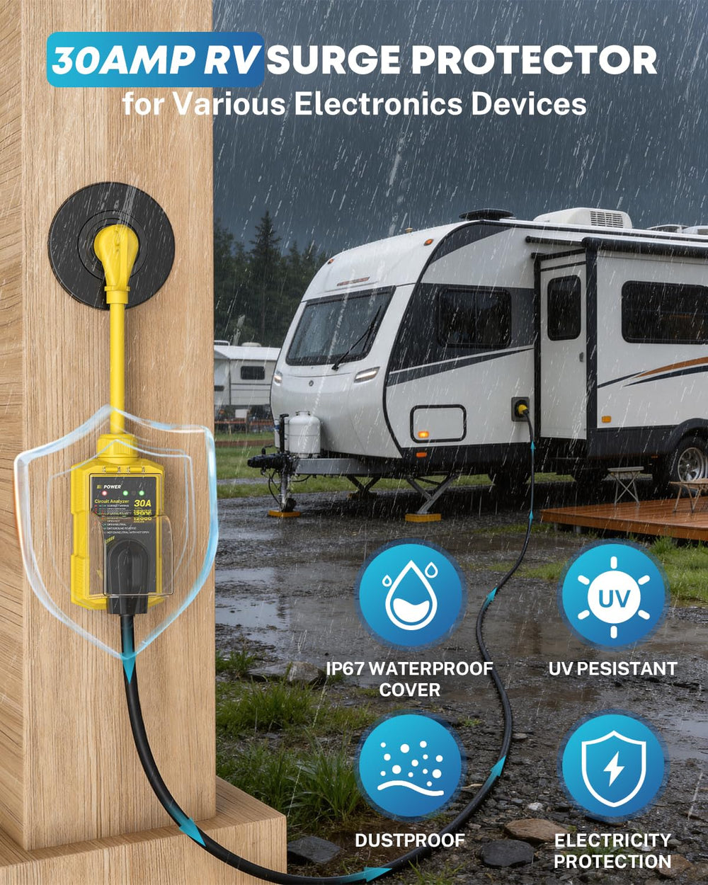 Kohree 30A RV surge protector compact plug enables easy setup on the campsite.