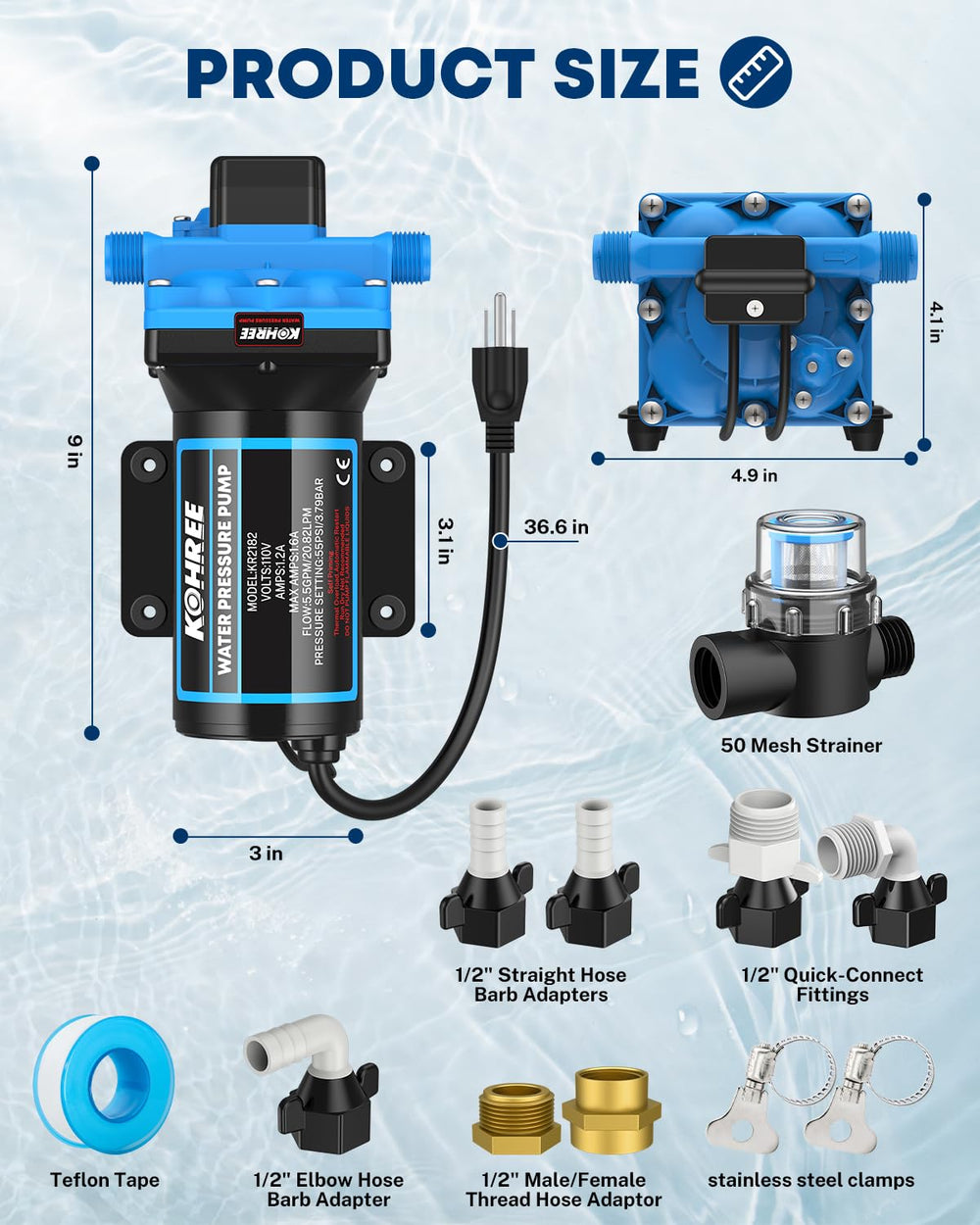 Kohree pump delivering 5.5 GPM at 55 PSI performance overview.