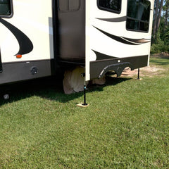 Two jacks with crank handle and drill socket simplify travel trailer setup