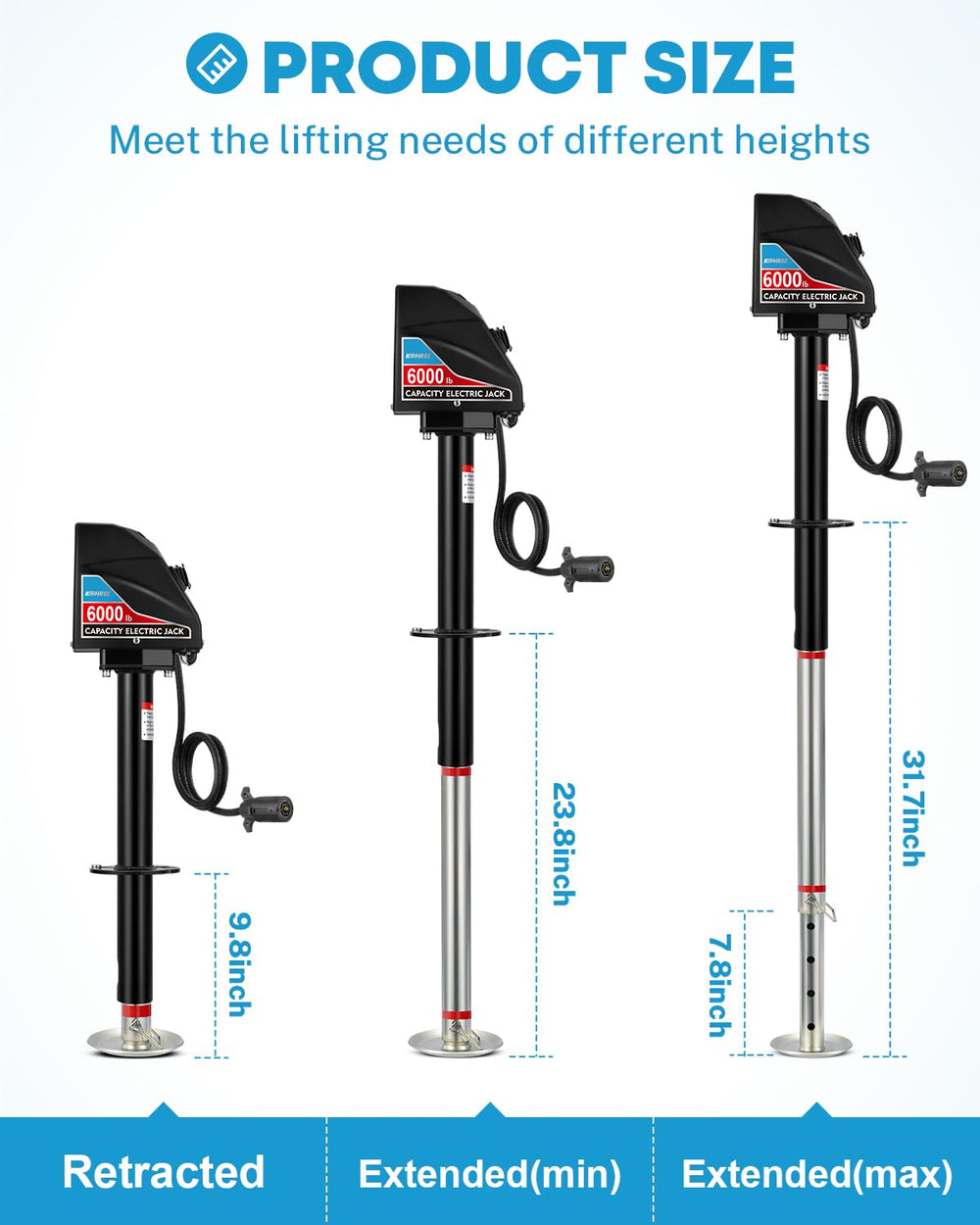 Kohree electric trailer jack reaches max height for higher ground clearance.