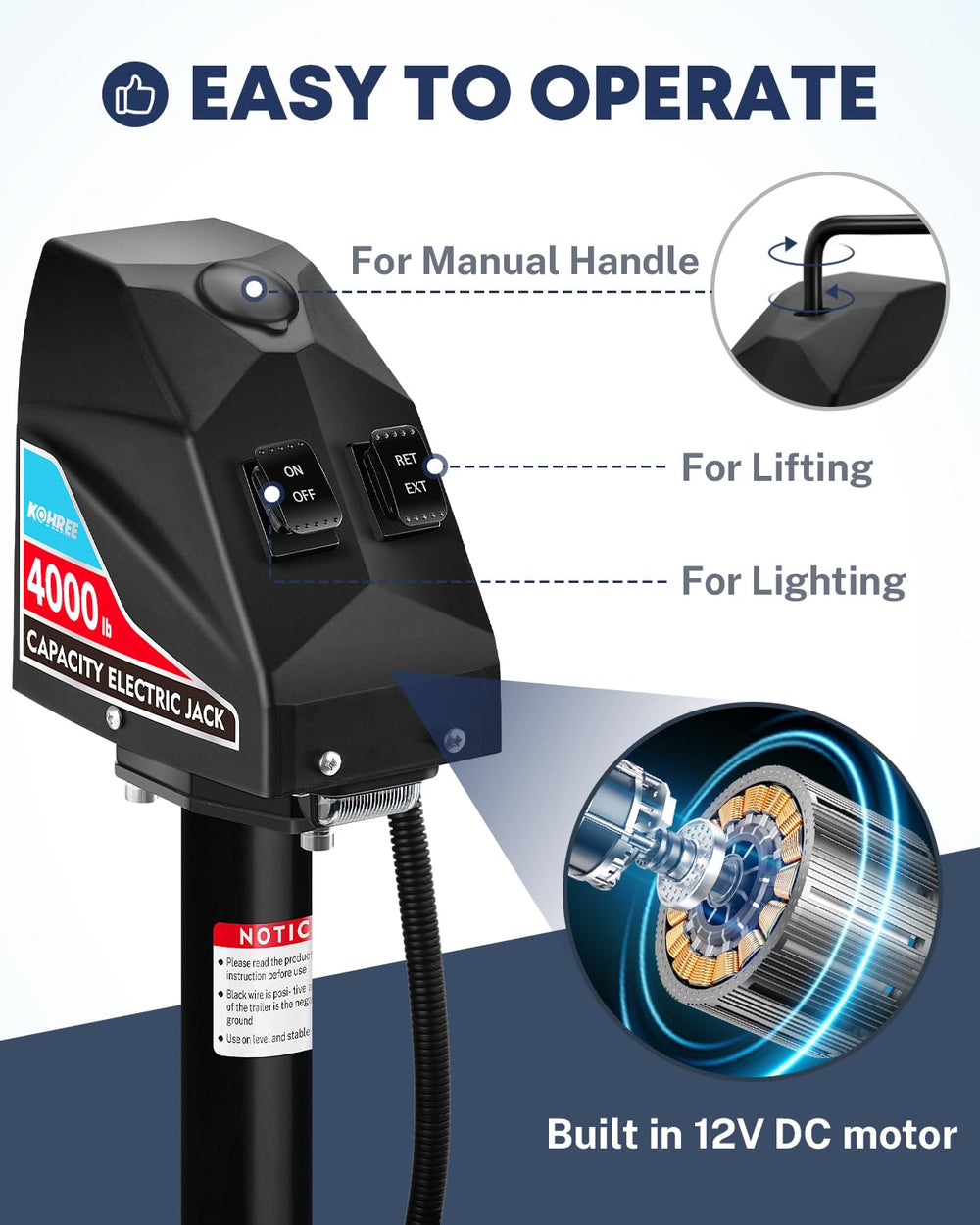 Kohree electric trailer jack 7-way connector simplifies plug-in setup.
