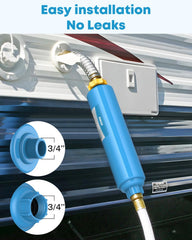 Kohree RV inline water filter attached to standard hose for simple setup.