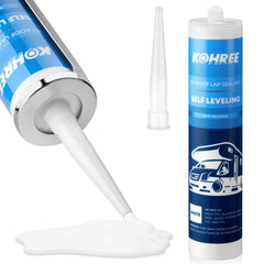 Kohree RV Roof Sealant bottle close-up showing self-leveling capability for fast sealing.