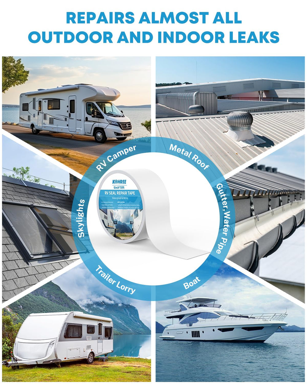 Kohree tape compatible with metal, EPDM, PVC, Hypalon, and TPO materials.