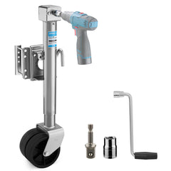 Kohree trailer jack with dual wheels stabilizes trailer on uneven ground