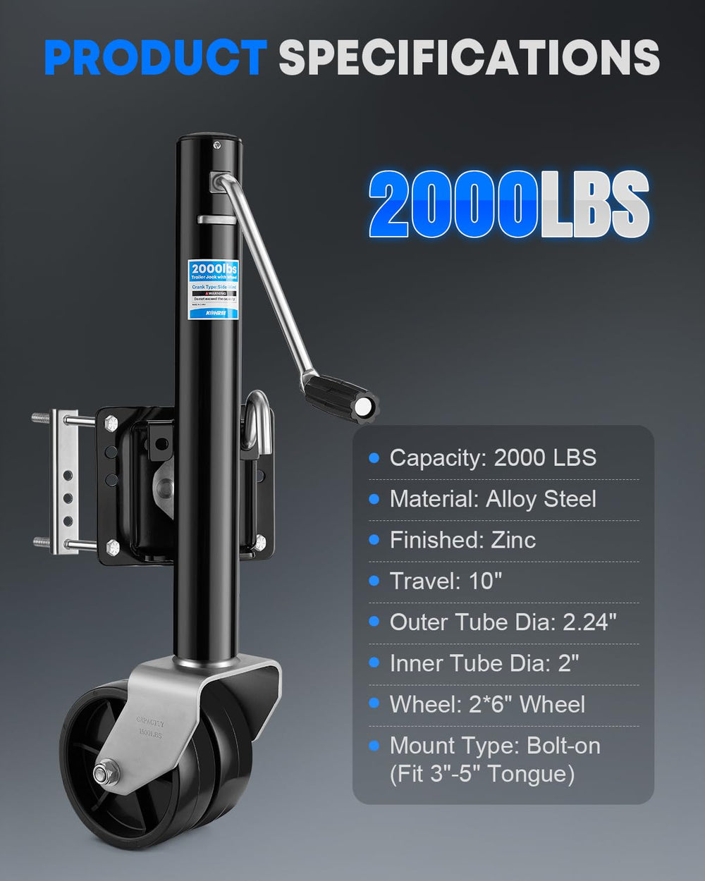 Kohree trailer jack with galvanized finish resists corrosion during outdoor camping trips.