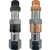 KOIKE ARONSON oxy-fuel quick connect set in use, showing secure regulator-to-hose coupling.