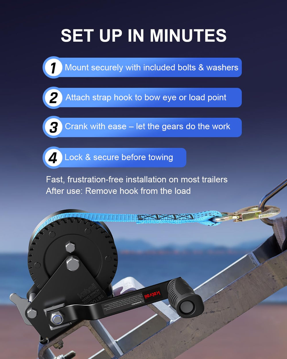 Kolvoii versatile winch for boats, trailers, jets skis, and more.