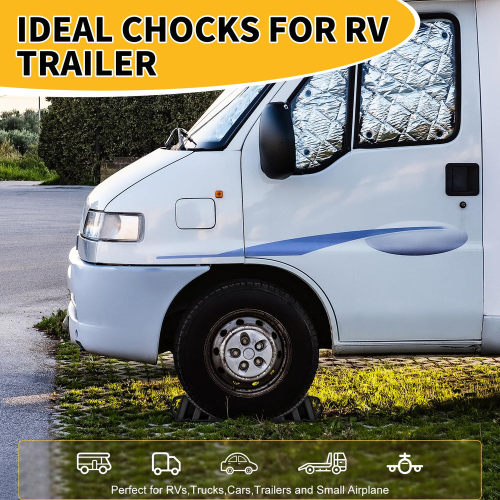 Komokeru wheel chocks on uneven ground showing stable grip.