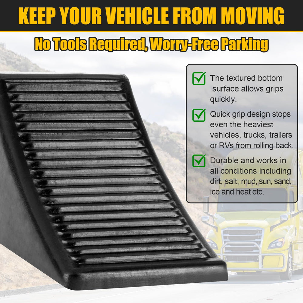 Komokeru compact wheel chocks with a carrying handle for easy transport.