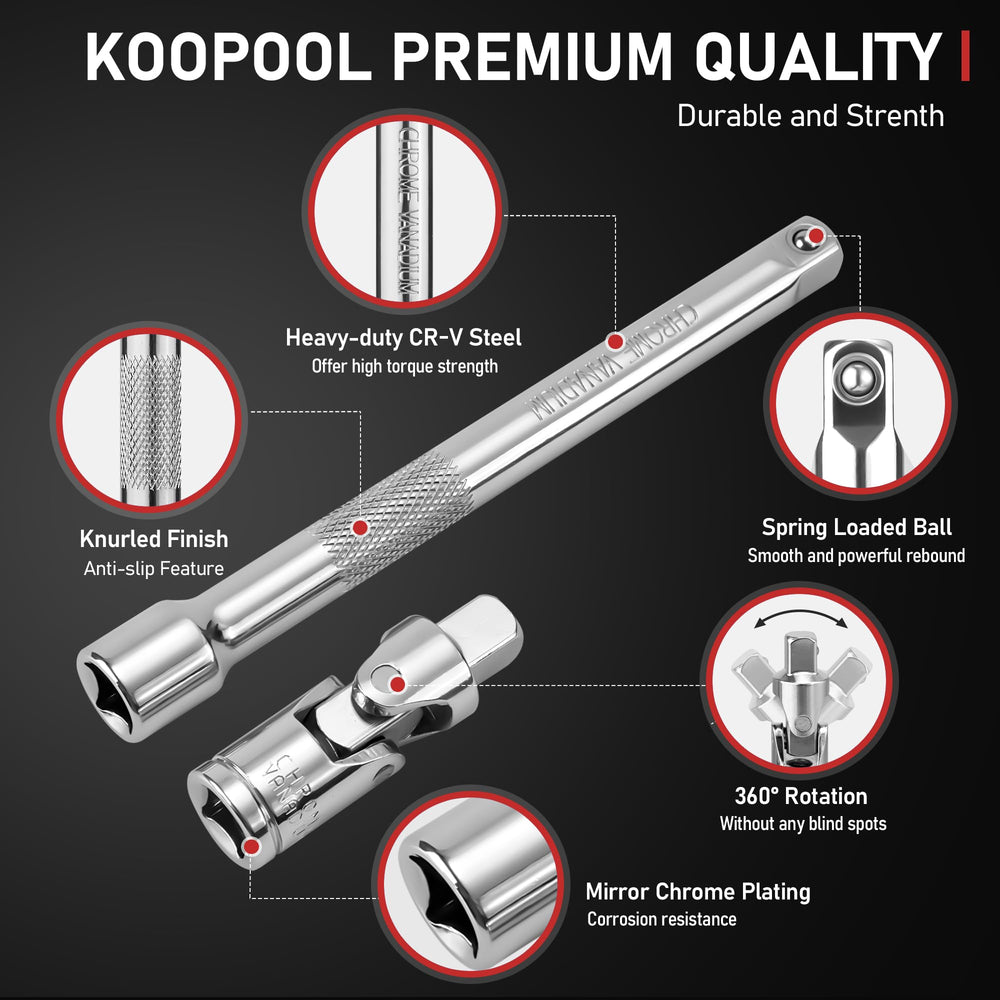 KOOPOOL 1/2 to 3/8 adapter enables flexible tool setup.