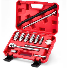 KOOPOOL 13-piece spark plug socket set with installation tube enables precise hand threading.