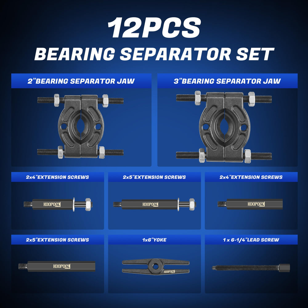 KOOPOOL bearing separator jaws in 2in and 3in sizes enable removal of large or small bearings.