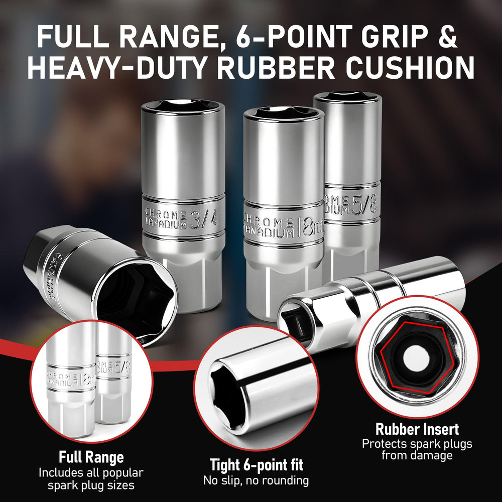 KOOPOOL spark plug sockets in sizes 5/8-inch 3/4-inch 13/16-inch 14mm 18mm for versatile fit.