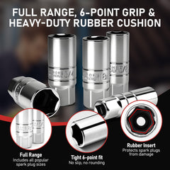 KOOPOOL spark plug sockets in sizes 5/8-inch 3/4-inch 13/16-inch 14mm 18mm for versatile fit.