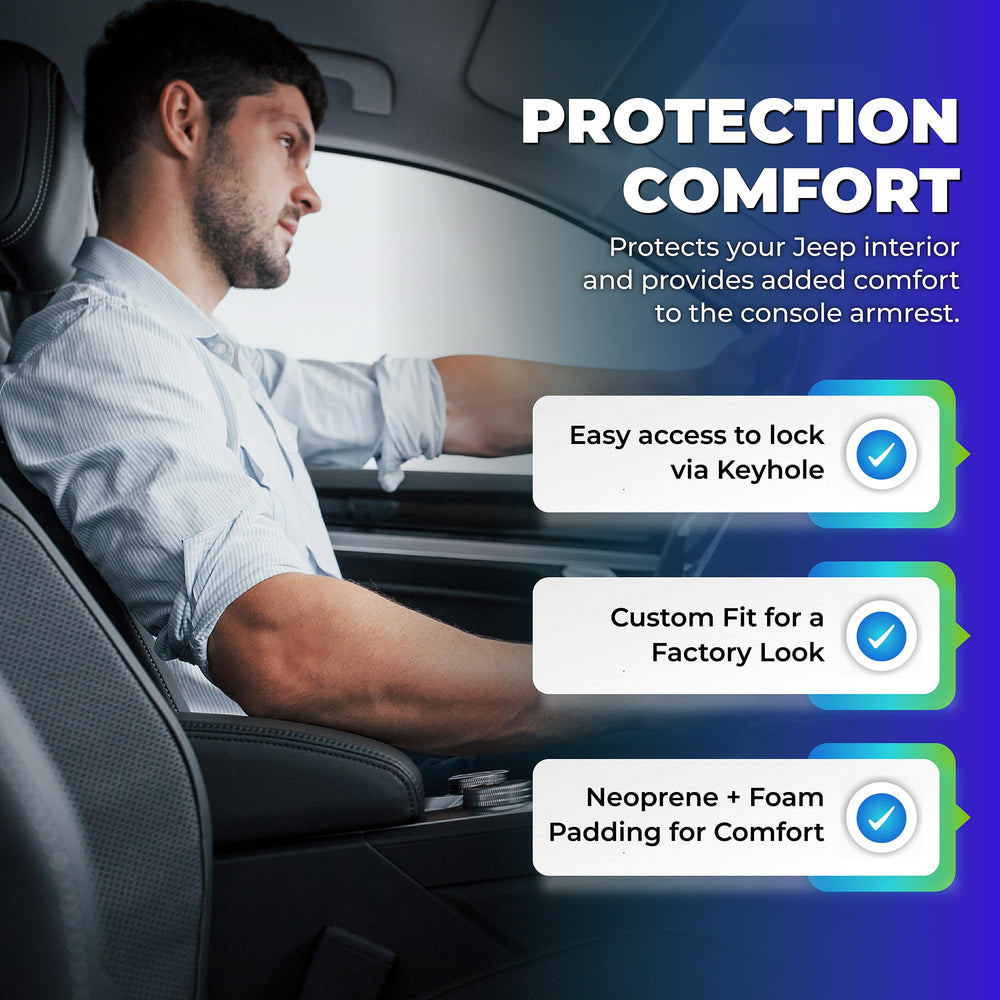 Koverz neoprene console cover protects Jeep interior from wear.