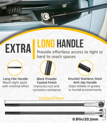 Long anti-slip knurled handle improves grip in oily or wet workshops