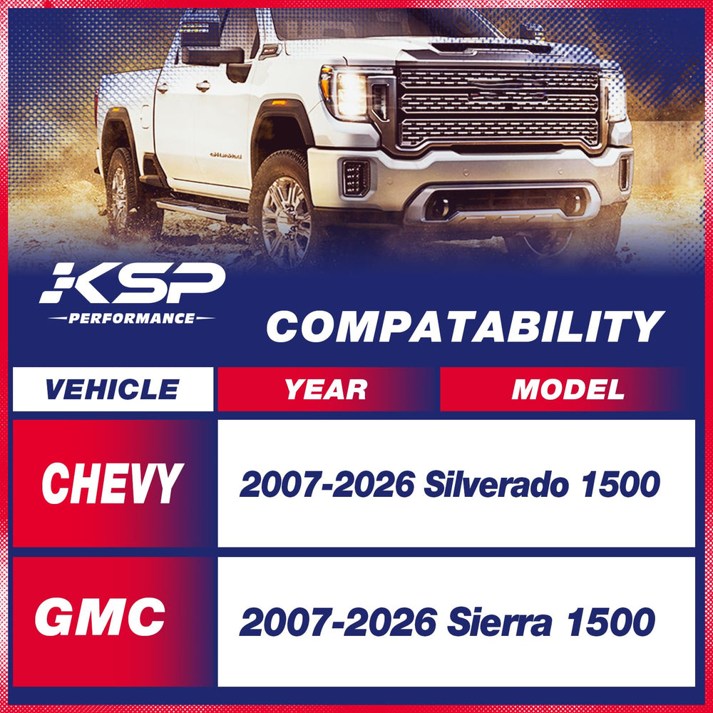 KSP PERFORMANCE front leveling lift enhances appearance of Silverado 1500 and Sierra 1500.